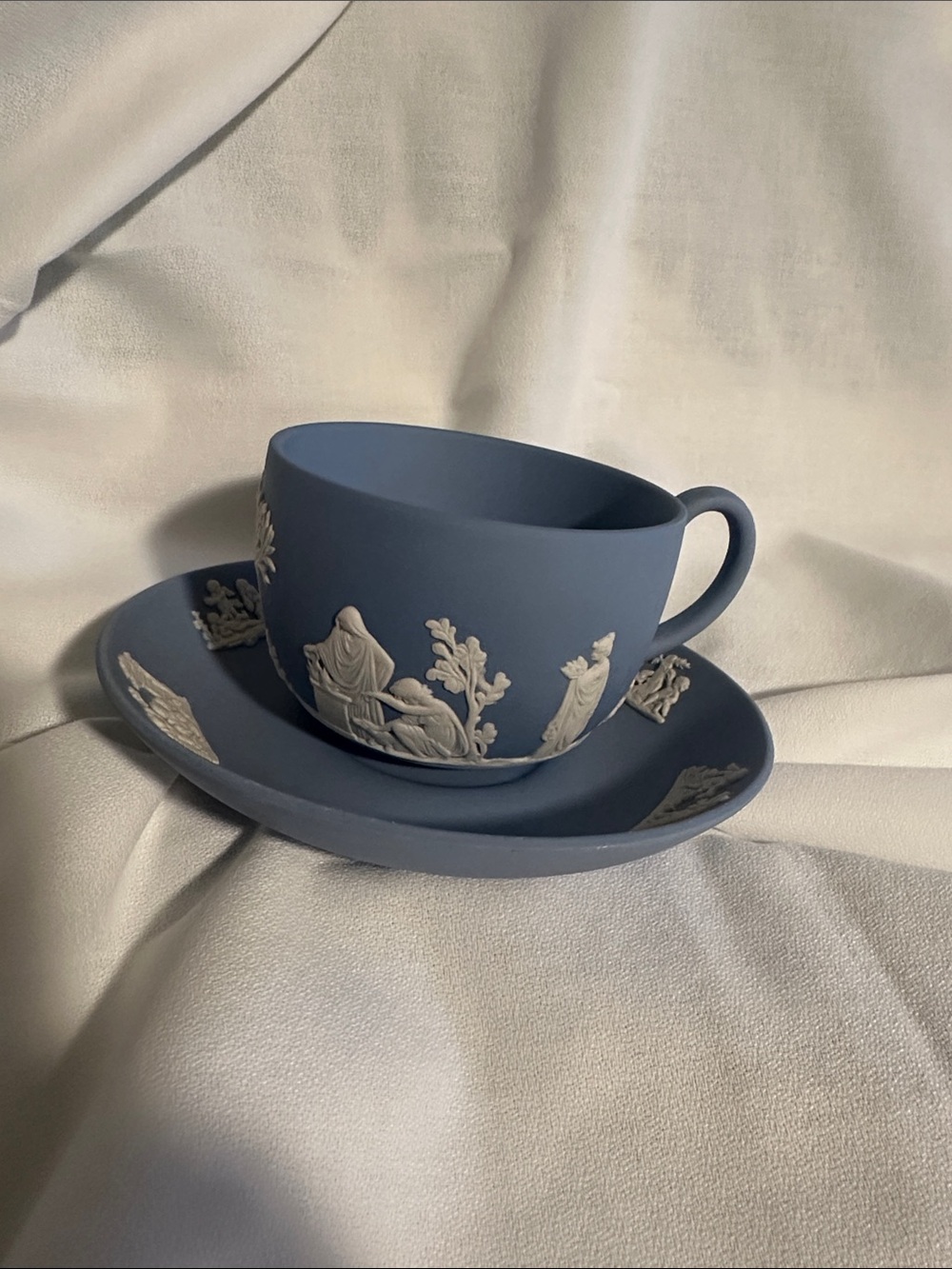 Wedgwood Blue and White Jasperware-Style Cup and Saucer